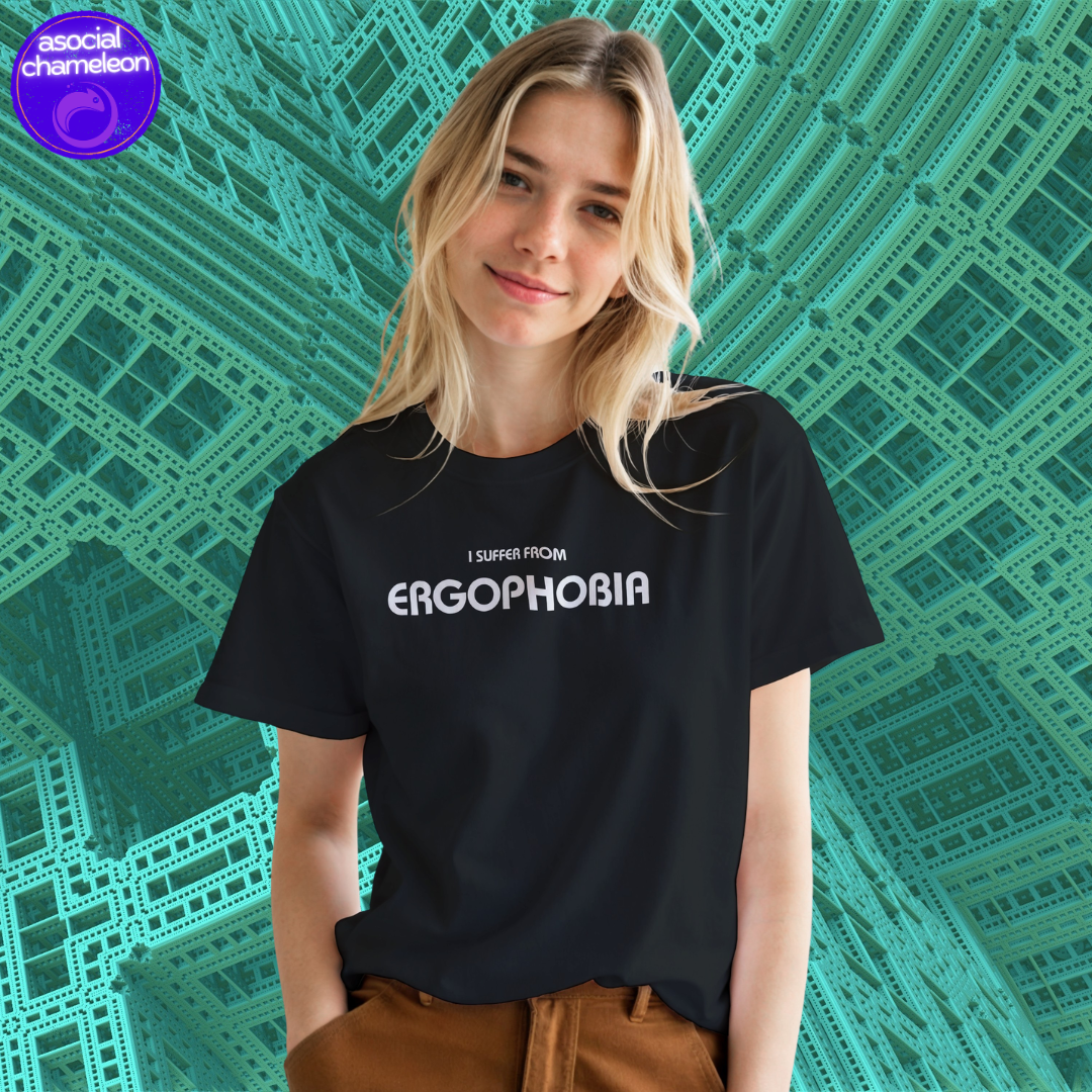 a woman in a black t-shirt made by the asocial chameleon