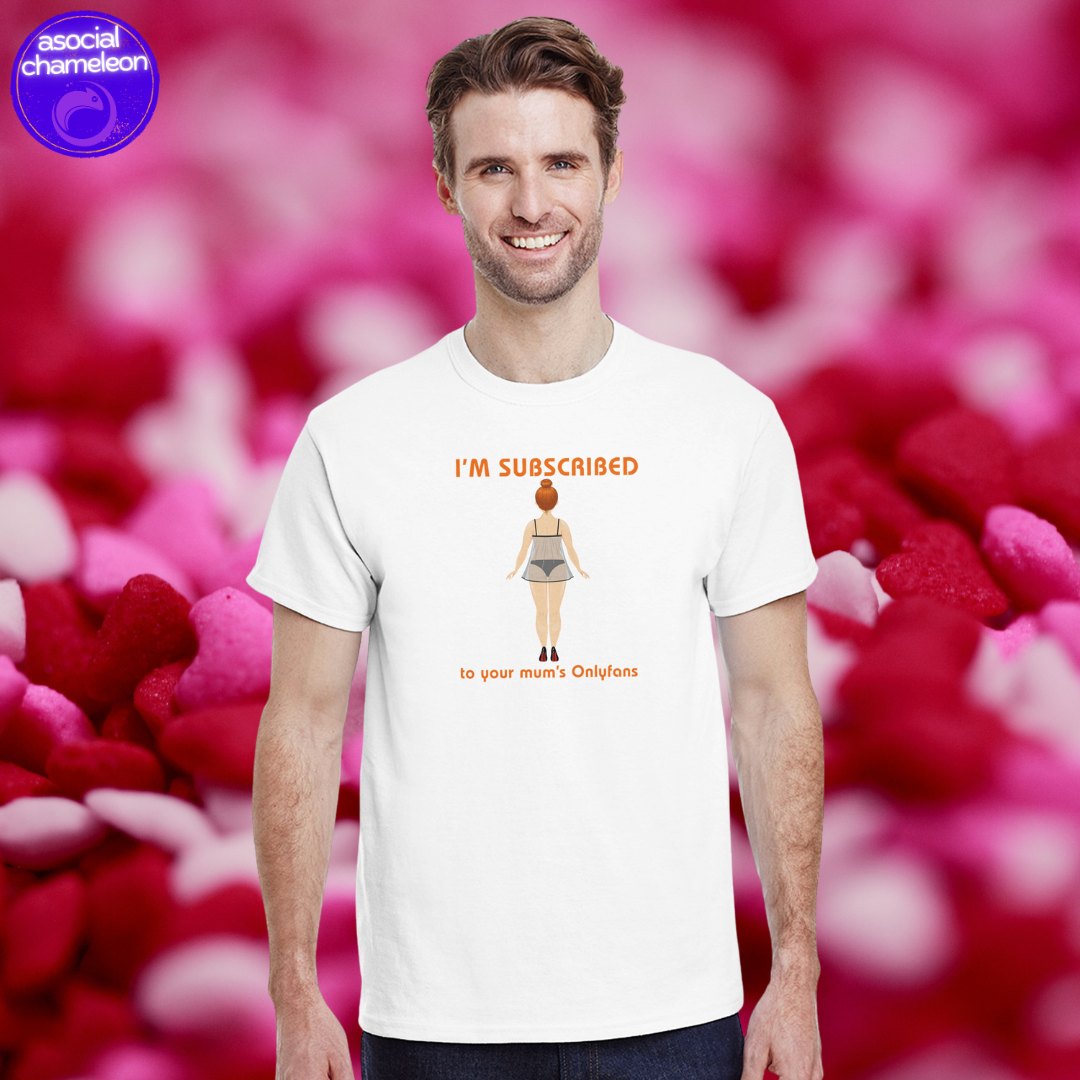 a man wearing a white t-shirt with an onlyfans print made by the asocial chameleon
