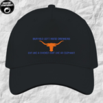 A black hat with an orange buffalo made by the asocial chameleon