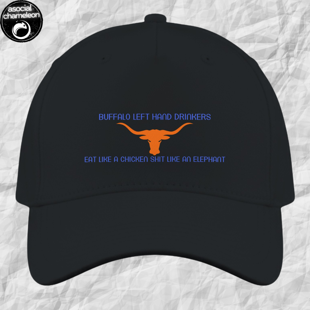 A black hat with an orange buffalo made by the asocial chameleon