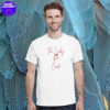 a man in a white t-shirt with a red text on the front made by the asocial chameleon