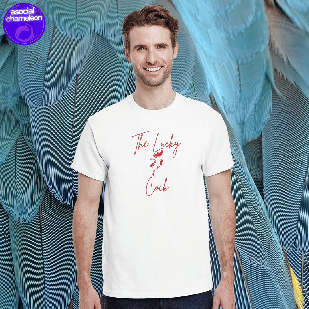 a man in a white t-shirt with a red text on the front made by the asocial chameleon
