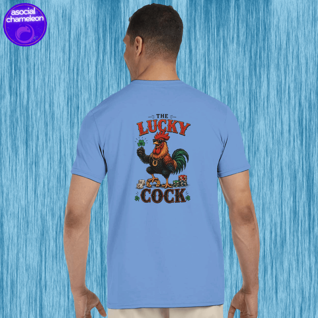 a man with the print the lucky cock on his back made by the asocial chameleon