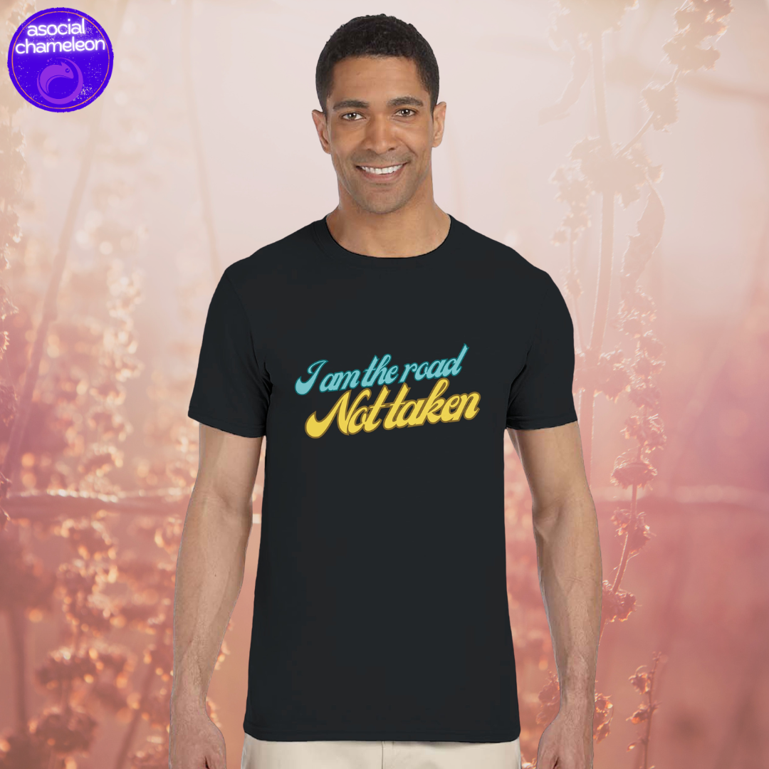 a man in a black t-shirt with a blue and yellow print made by the asocial chameleon