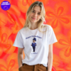 a woman in a white t-shirt with mayor humdinger print made by the asocial chameleon