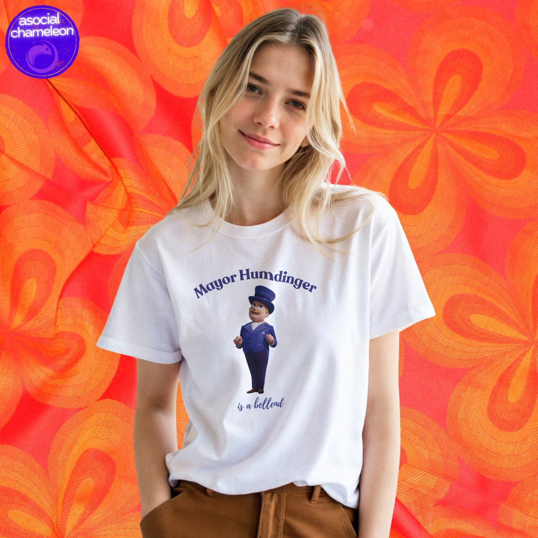 a woman in a white t-shirt with mayor humdinger print made by the asocial chameleon