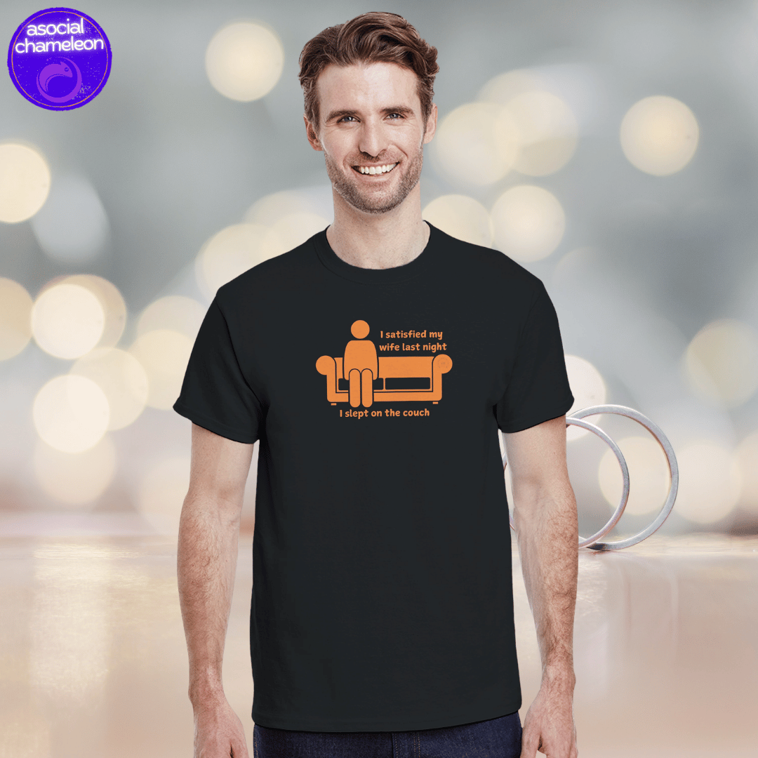 a man wearing a black t-shirt with an orange print made by the asocial chameleon