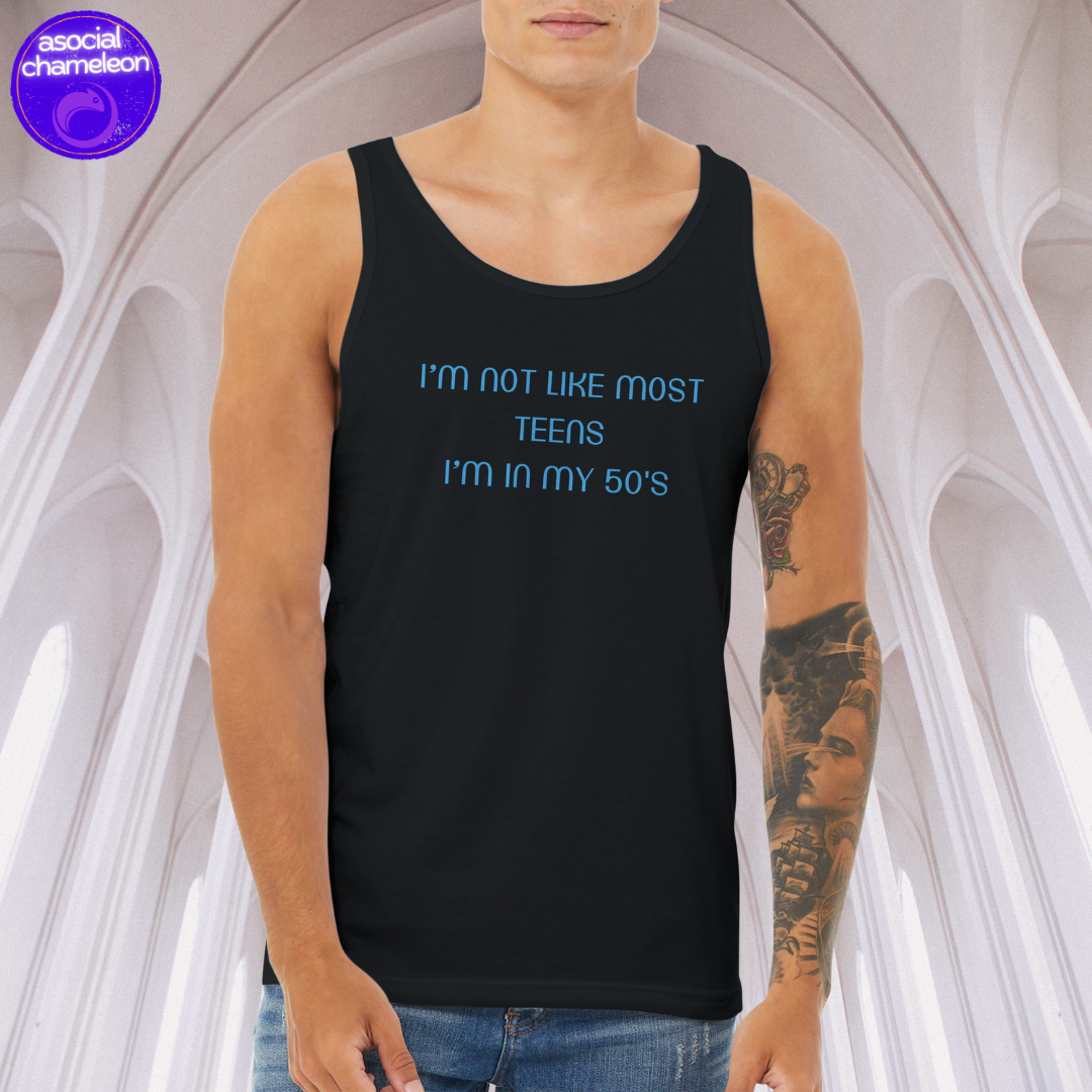 a man wearing a black tank top made by the asocial chameleon