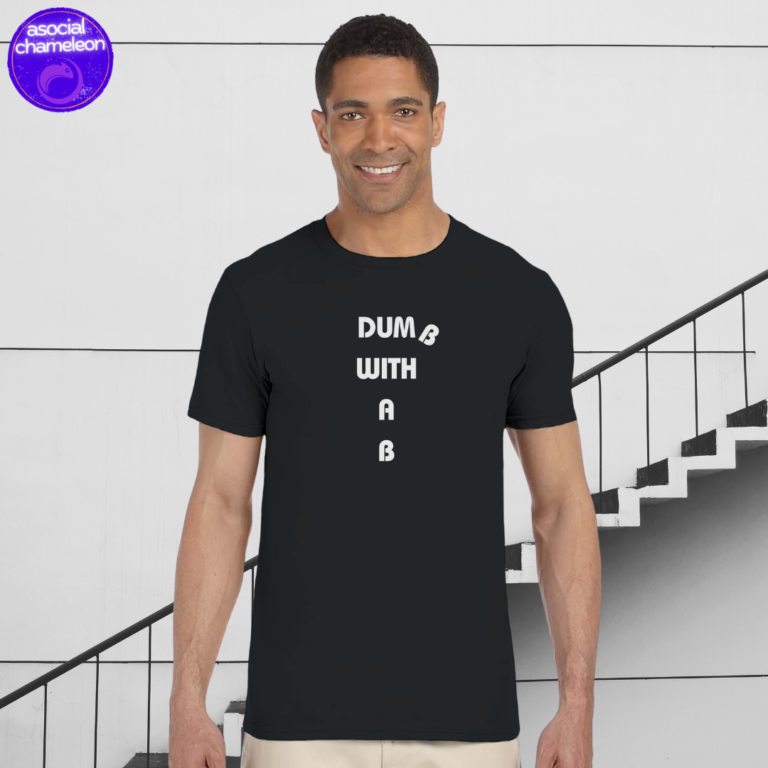 a man in a black t-shirt with a white text on the front made by the asocial chameleon