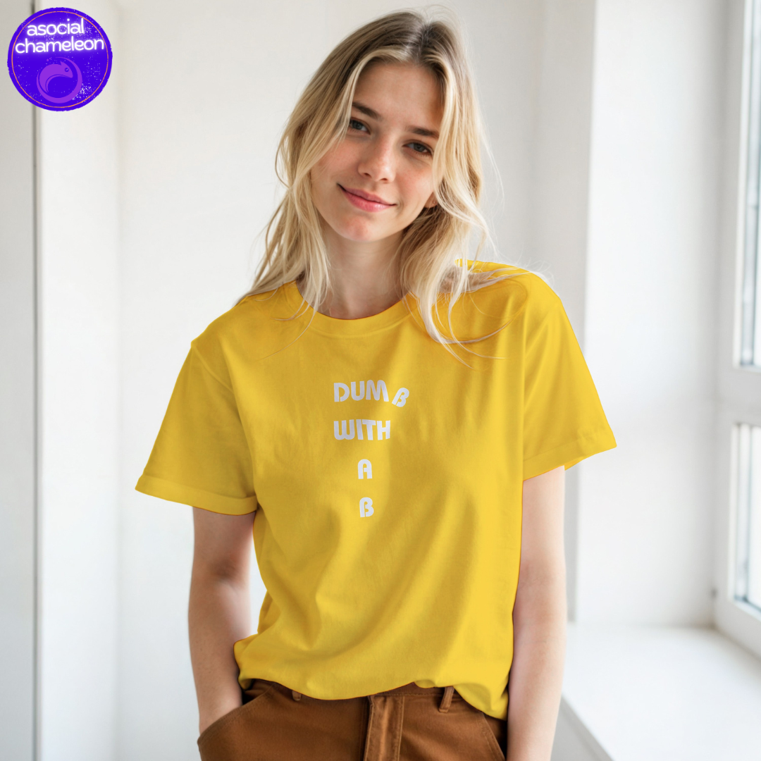 a blond girl in a yellow t-shirt with a white print made by the asocial chameleon